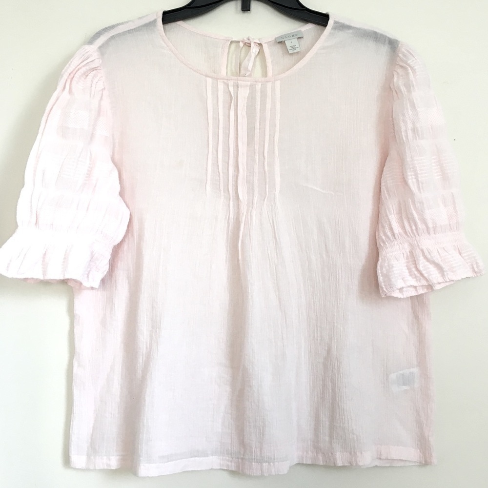 Hinge soft pink Crinkle Gauze short sleeves semi sheer blouse Top